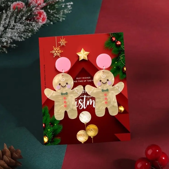 NEW Gingerbread Stud Dangle Earrings with Pink Bow - Picture 3 of 8